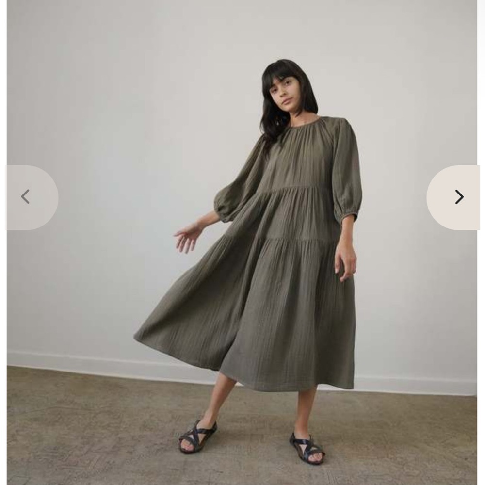 Women's Olive Midi Tiered Dress with Balloon Sleeves - Picture 3 of 9